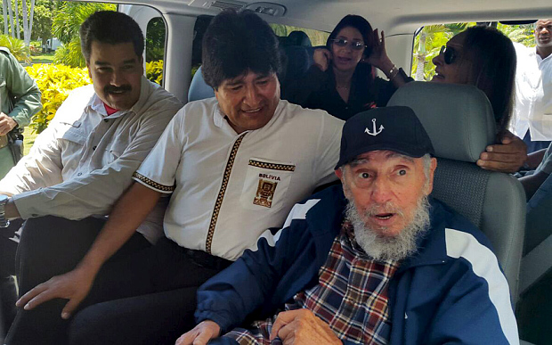 Castro, Morales and Maduro sit together in a van in Havana